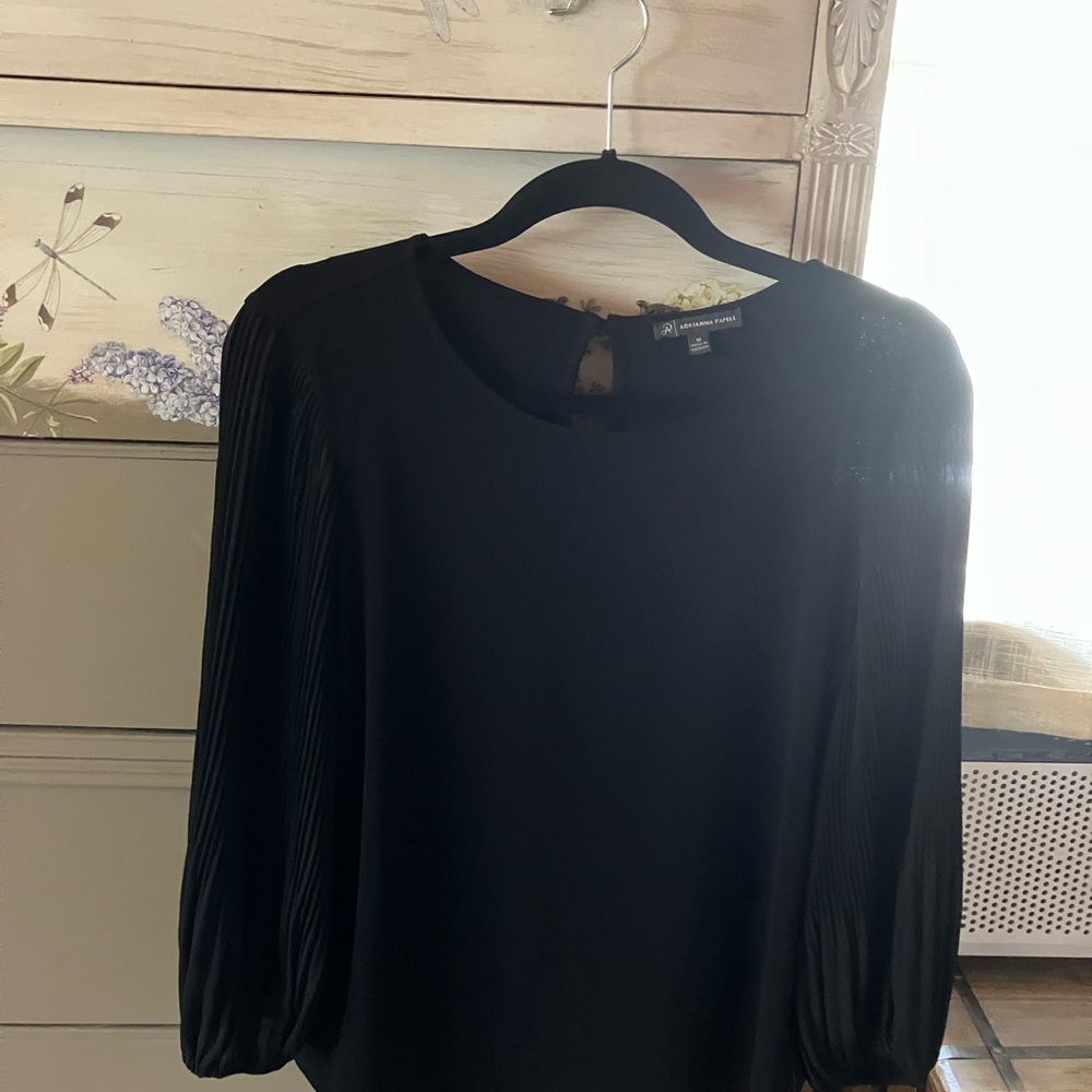 Adrianna Papell Black Fitted Ruched 3/4 Sleeve Blouse